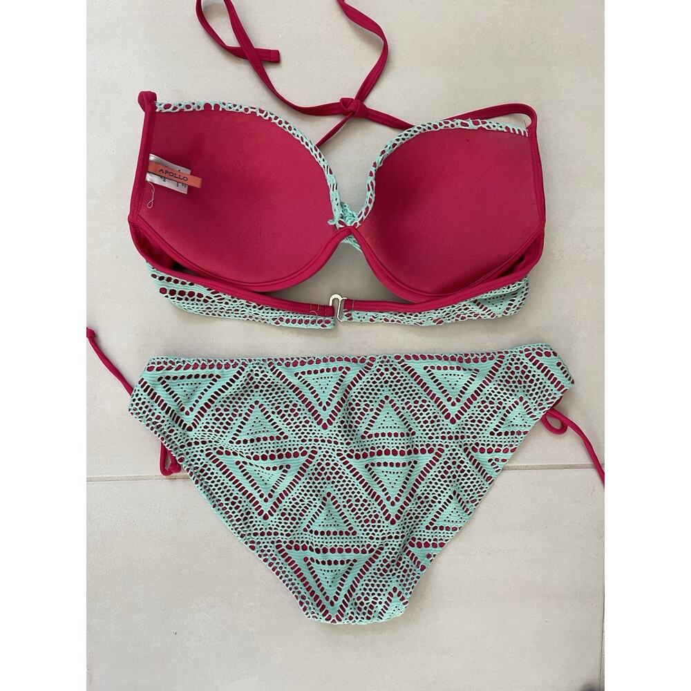Apollo Swim Bikini Swimsuit Color Block Mesh Plunge Swimwear - Picture 6 of 11